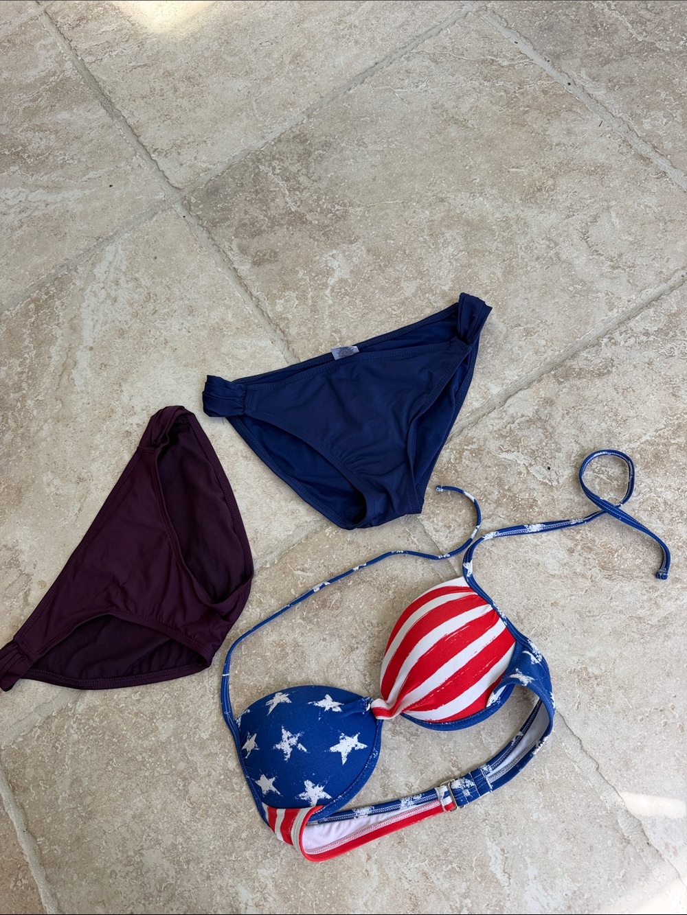 Women’s stars/stripe MED. Push-Up Bikini Top and Mix-and-Match Bottoms both MED.